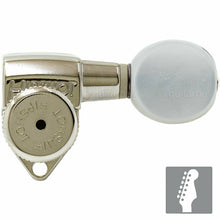 Load image into Gallery viewer, NEW Hipshot LOCKING Tuners 6 in line STAGGERED w/ OVAL PEARLOID Buttons NICKEL