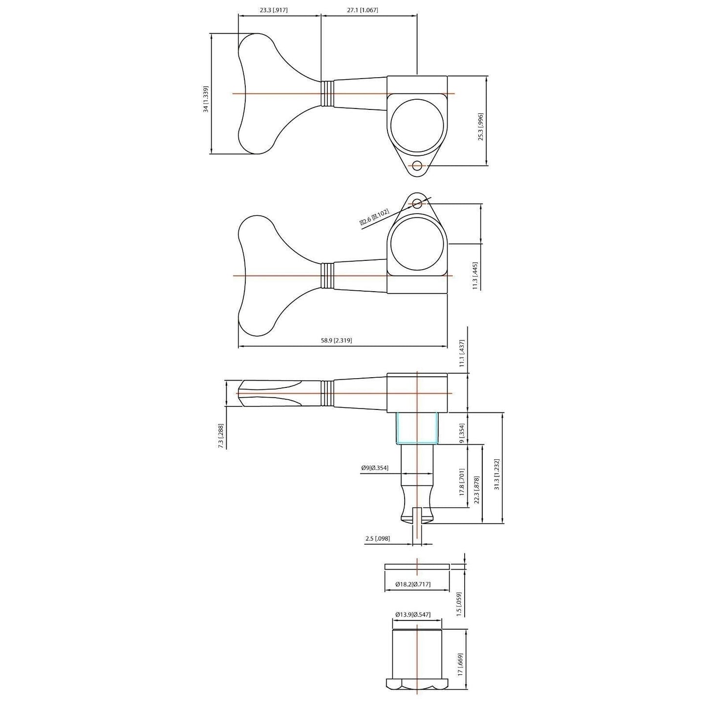 NEW Grover 144C4 Mini Bass Guitar Tuners, 4 Inline Set Gear ratio 20:1 - CHROME