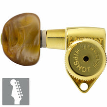 Load image into Gallery viewer, NEW Hipshot 6 inline Open-Gear Grip-Locking STAGGERED AMBER Buttons TREBLE, GOLD