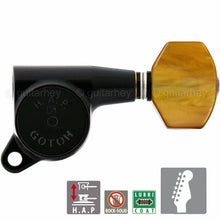 Load image into Gallery viewer, NEW Gotoh SG381-P8 HAP 6 in line Adjustable Tuners Set w/ AMBER Buttons - BLACK