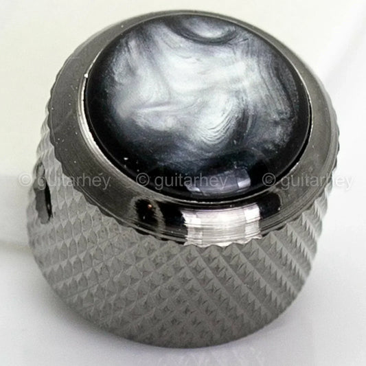 NEW (1) Q-Parts Guitar Knob Black Chrome, ACRYLIC BLACK PEARL on Dome KBD-0049