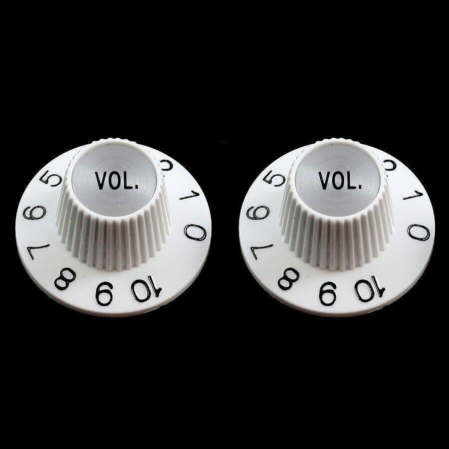 NEW (2) Witch Hat VOLUME Knobs Import Guitars METRIC 6mm Split Shaft Pots, WHITE