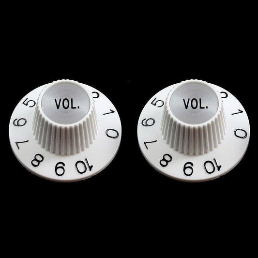 NEW (2) Witch Hat VOLUME Knobs Import Guitars METRIC 6mm Split Shaft Pots, WHITE