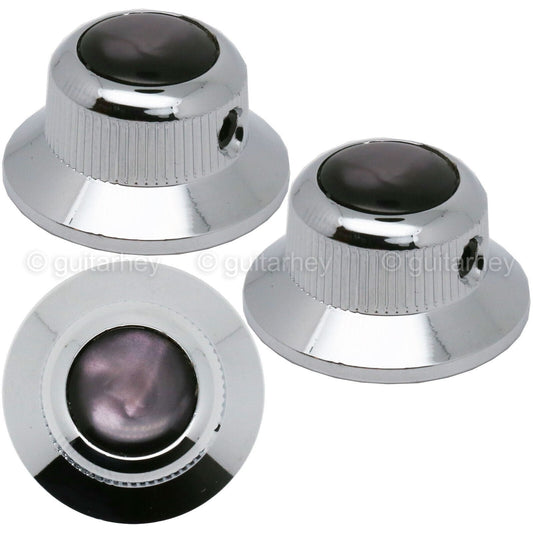 NEW (3) Q-Parts UFO Guitar Knobs KCU-0749 Acrylic Black Pearl on Top - CHROME