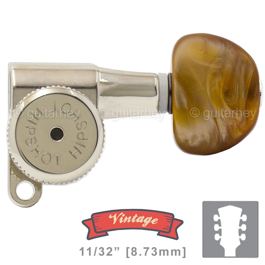 NEW Hipshot Vintage L3+R3 LOCKING Mini Tuners SET Amber Moon Buttons 3x3, NICKEL