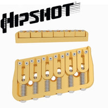 Carregar imagem no visualizador da galeria, USA Hipshot 6 String Multi-Scale Fixed Guitar Bridge 11° Angle .175&quot; Floor GOLD