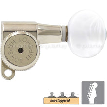 Load image into Gallery viewer, NEW Hipshot 6-in-Line LOCKING Tuners SET w/ PEARL Buttons Non-Staggered - NICKEL