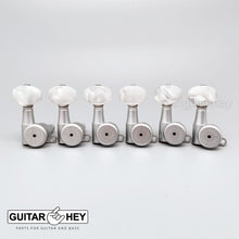Load image into Gallery viewer, NEW Hipshot 6-in-Line STAGGERED Locking Tuners Set PEARLOID Buttons SATIN CHROME