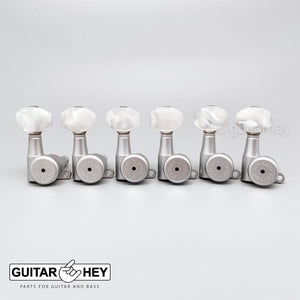 NEW Hipshot 6-in-Line STAGGERED Locking Tuners Set PEARLOID Buttons SATIN CHROME