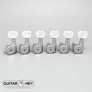 Hipshot 6-in-Line Mini LOCKING Tuners w/ OVAL PEARLOID LEFT-HANDED, SATIN CHROME