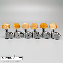 Load image into Gallery viewer, NEW Hipshot Grip-Lock STAGGERED LOCKING TUNERS 6 In Line AMBER Buttons - CHROME