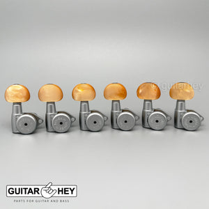 NEW Hipshot Open-Gear 6 in line Locking STAGGERED w/ AMBER Buttons, SATIN CHROME