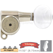 Load image into Gallery viewer, NEW Hipshot VINTAGE 6-in-Line Locking Tuners OVAL Pearl Buttons 21/64&quot; ID NICKEL