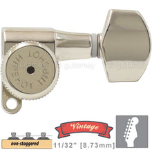 Load image into Gallery viewer, NEW Hipshot VINTAGE 6-in-Line Locking Tuners w/ SMALL Buttons 21/64&quot; ID, NICKEL