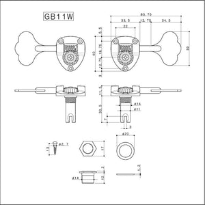 NEW Gotoh GB11W 4 In-Line SET Bass Tuners Tuning Keys 20:1 w/ Hardware - CHROME