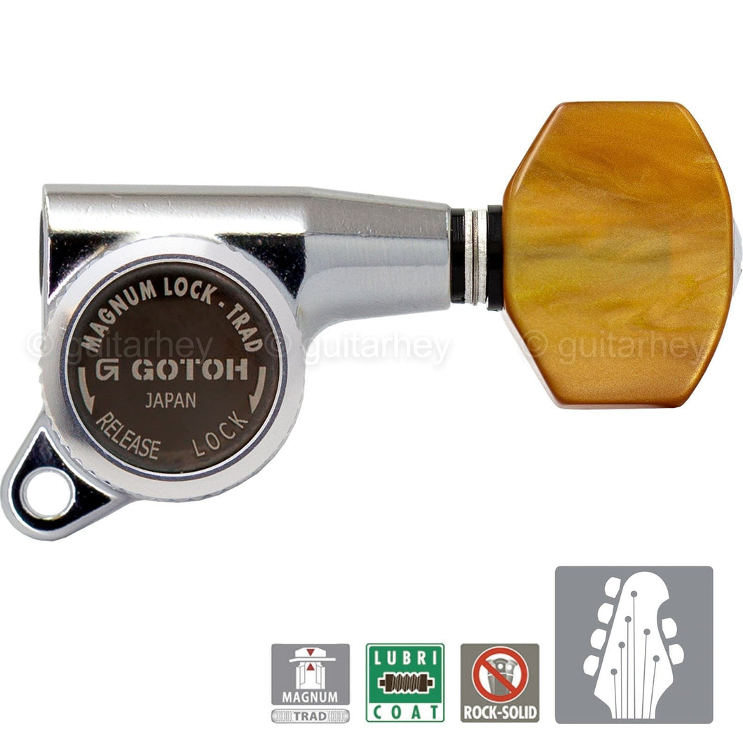 NEW Gotoh SG381-P8 MGT L4+R2 Set Mini Locking Tuners AMBER Buttons 4x2 - CHROME